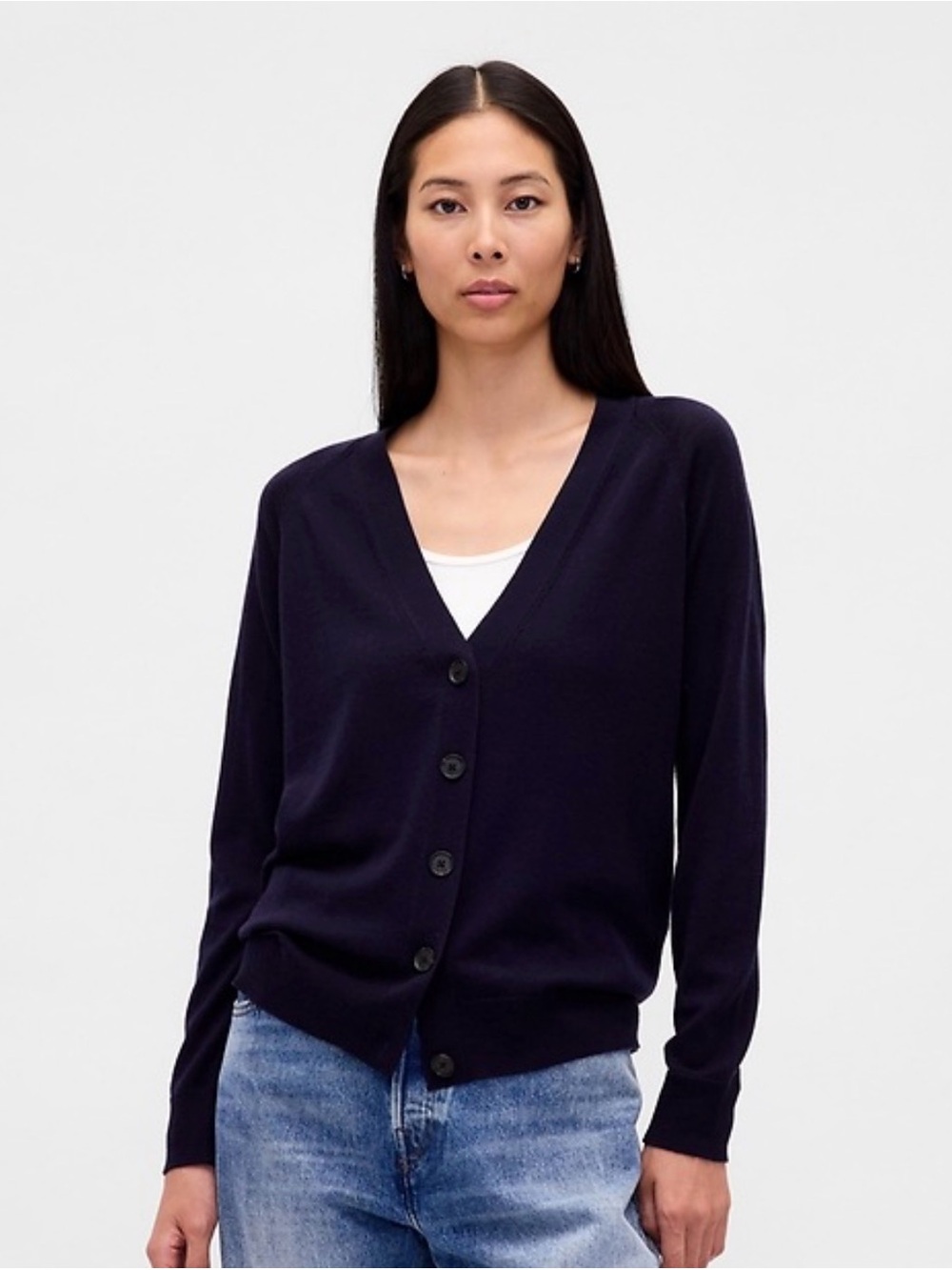GAP Wool Navy V-Neck Button-Front Cardigan